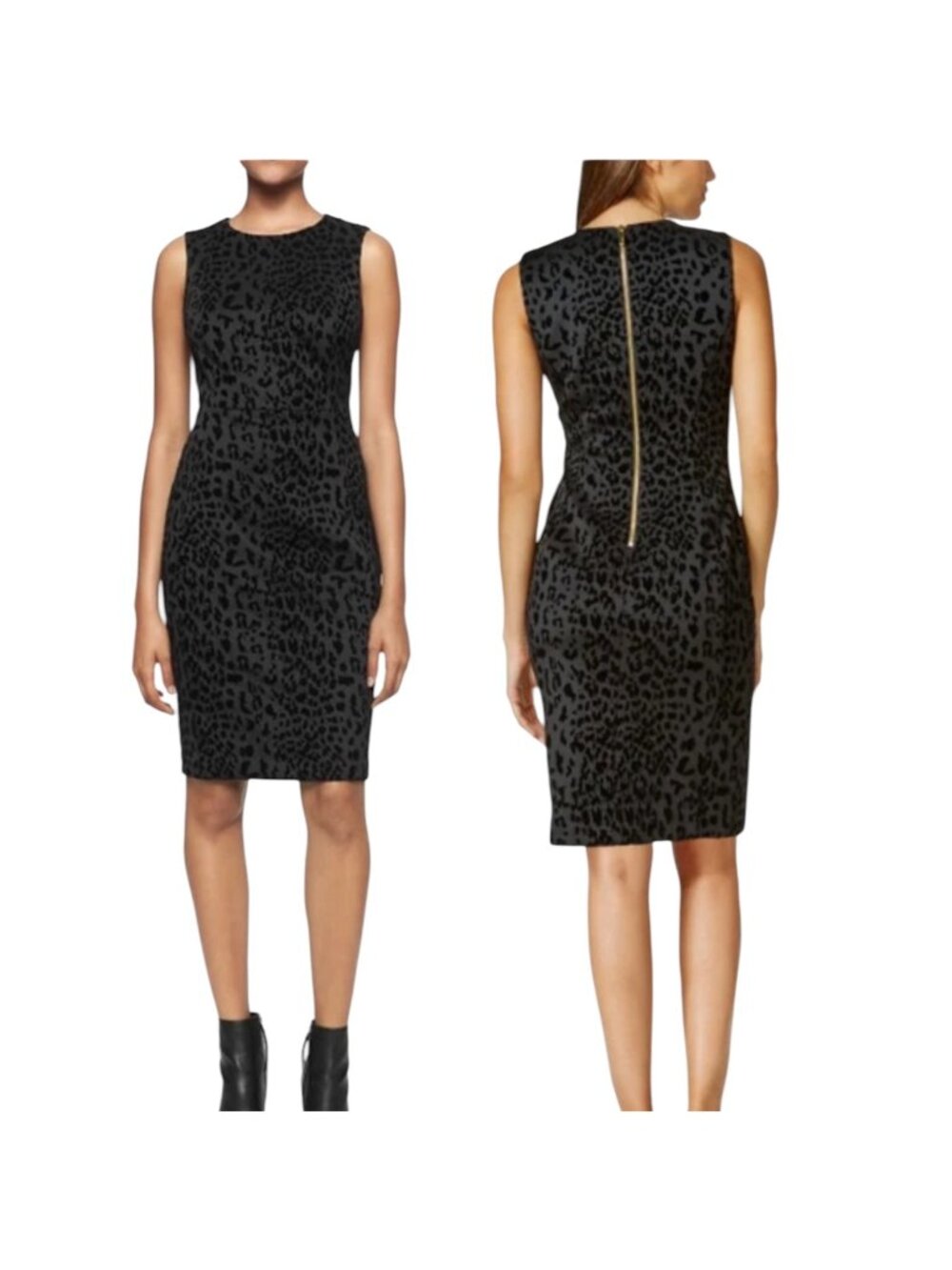 Calvin Klein Women's Black Leopard Print Sheath Dress Gold Back Zipper, Size 12